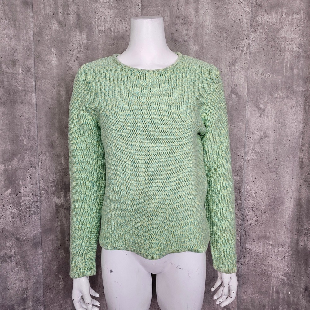 L.L. Bean Women's Cotton Sweater Small‎ Green Blue Marled Knit Crewneck Pullover - Picture 2 of 8